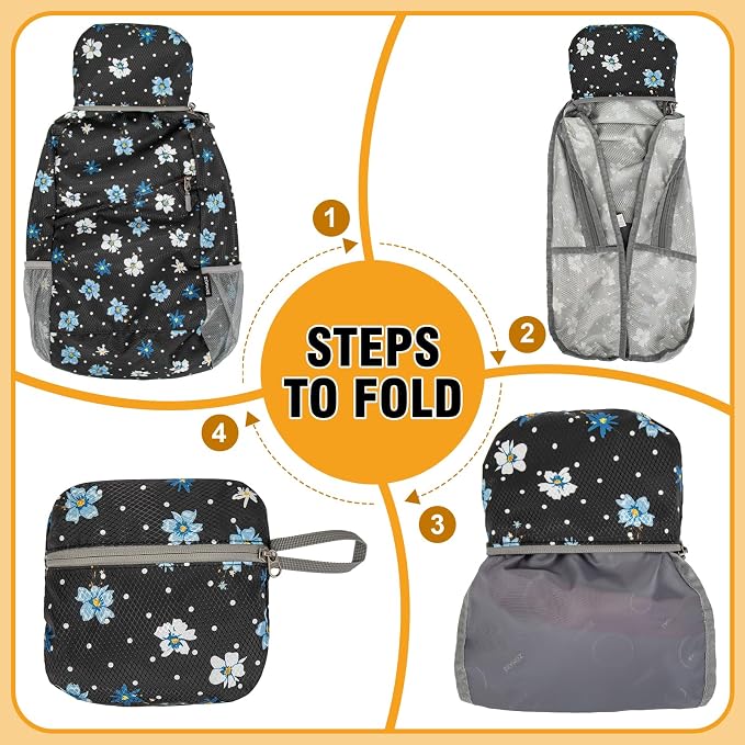 ZOMAKE Lightweight Packable Backpack 20L, Foldable Small Daypack for Hiking | Water Resistant Backpacks Day Bag for Travel Outdoor Camping Sport, Everyday Carry(Black, White Polka Dot Floral)