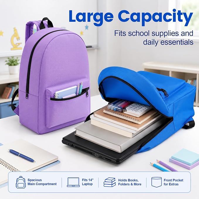 12 Pack Backpacks Bulk, 17 Inch Lightweight Bookbags in 6 Colors，Wholesale Backpack for Back to School Supplies