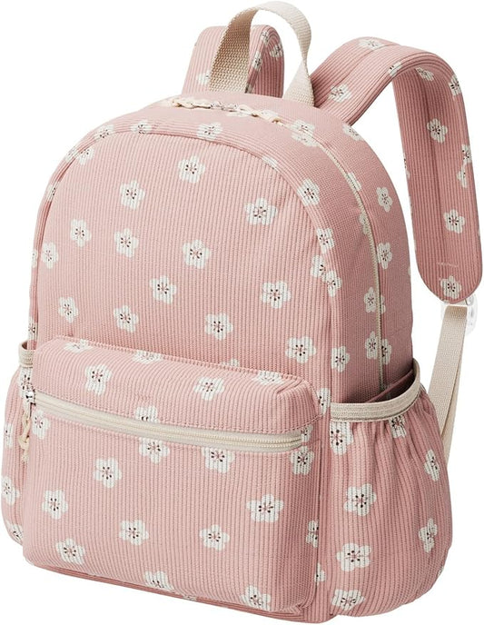 Corduroy Kids Backpack for Boys Girls Ages 5-8 | 15 Inch Water-Resistant Lightweight School Bookbag for kindergarten and Elementary, 1st-3rd grade(Large,Pink Floral)