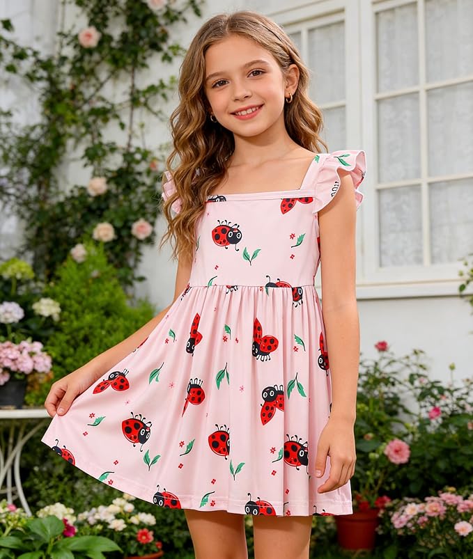Popshion Girls Dresses Flutter Sleeve Swing Sundress Toddler Summer Clothes Kid Birthday Party Sleeveless Dress 1-8 Years Old