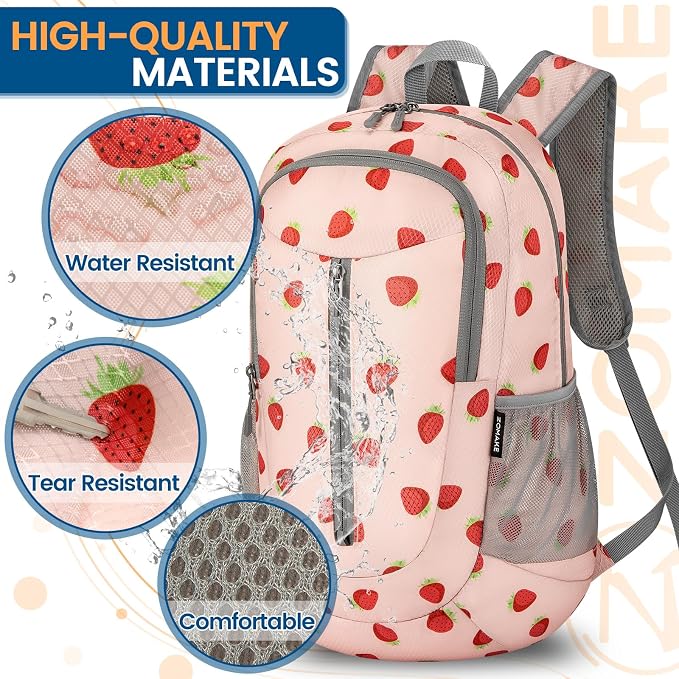 ZOMAKE Lightweight Packable Backpack 25L, Foldable Hiking Daypack | Water Resistant Small Folding Backpacks for Travel, Everyday Carry, Multi-Pocket Layout, Breathable Shoulder Strap