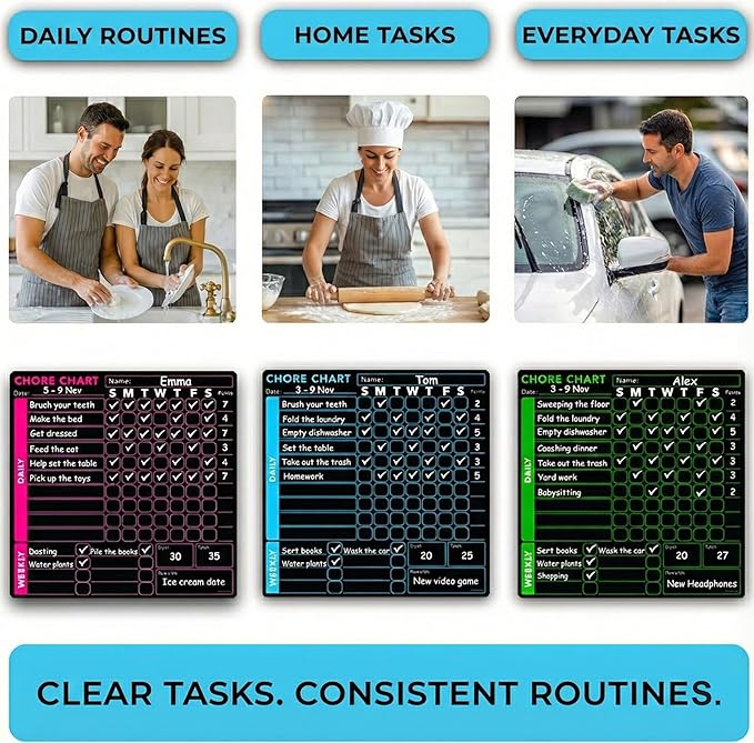 3 Pcs Blackboard Chore Chart Set - Pocket Charts Dry Erase Chore Chart for Multiple Users, Teens & Adults. Fridge Magnetic Blackboard Set, 3 Individual Charts (10"x10" Each) & 8 Fine Tip Markers