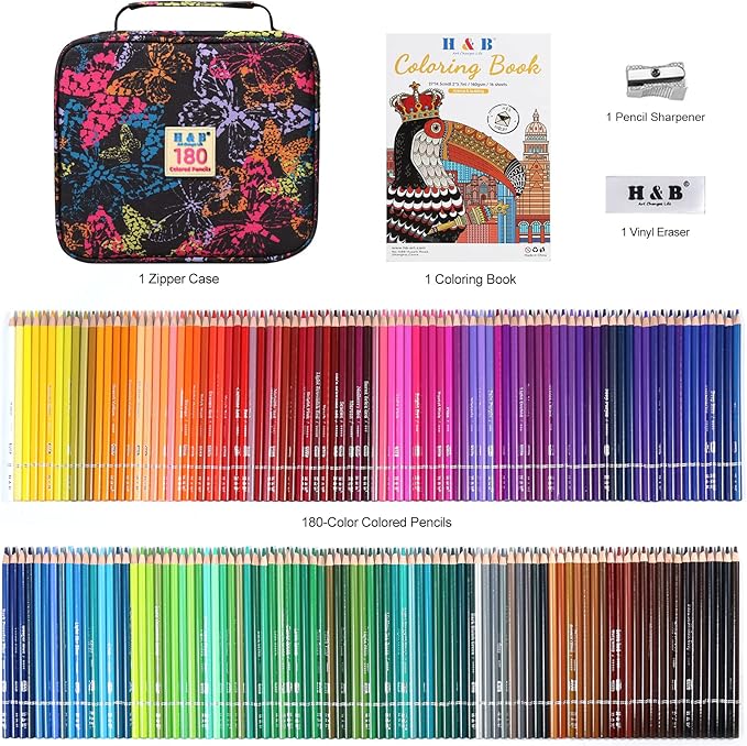 H & B 180-Color Colored Pencils Set with Coloring Book, Eraser, and Sharpener - Perfect for Drawing and Coloring - Soft Oil-Based Cores Ideal for Adults and Beginners