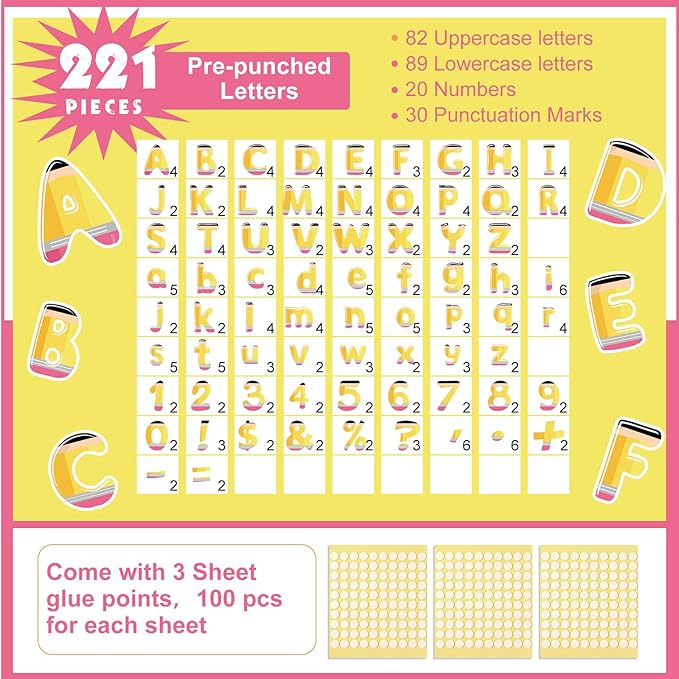 221 Pcs Pencil Bulletin Board Letters, Round Alphabet Number Punctuation Symbol Combo Letter Cutouts, Cute Yellow Classroom Decor for Summer School Classroom Chalkboard Poster Wall