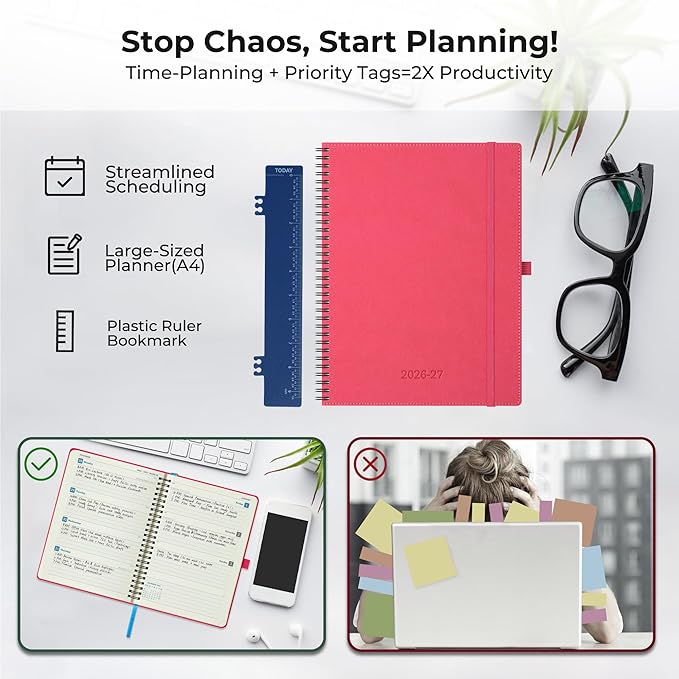 Planner 2026-2027 Daily Weekly and Monthly,11.5"x8.5",18 Months Spiral Bound Calendar Agenda with Self-adhesive Pen Holder,2026 Academic Plan with Vegan Leather Soft Cover,Rose Red