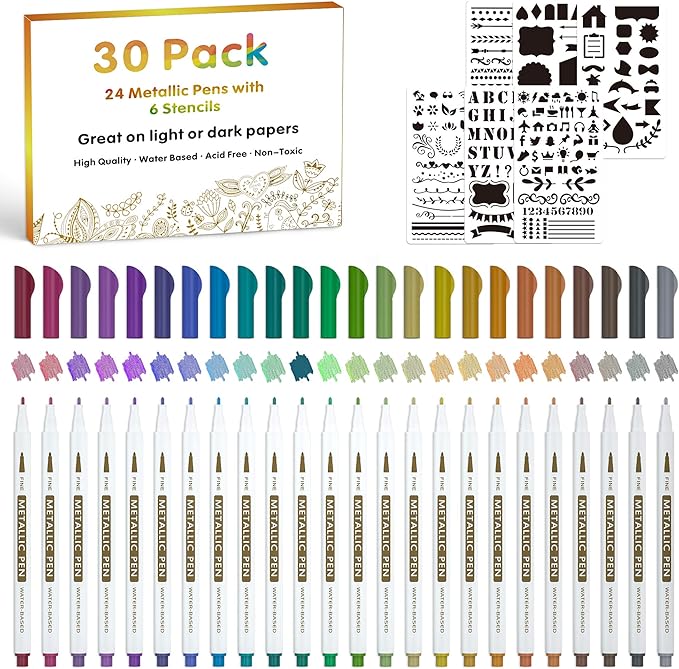 Lineon 30 Pack Metallic Marker Pens, 24 Colors Fine Tip Paint Pens with 6 Stencils for Black Paper DIY Craft Photo Album Rock Art Painting Card Making Glass Wood