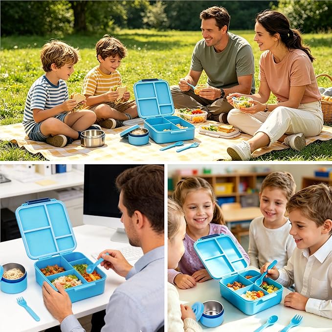 Kids Lunch Box with 12oz Insulated Food Jar, Leak-Proof Bento Box for Kids | 4 Compartments for Hot & Cold Food, Easy-Open School Lunch Container for Boys & Girls