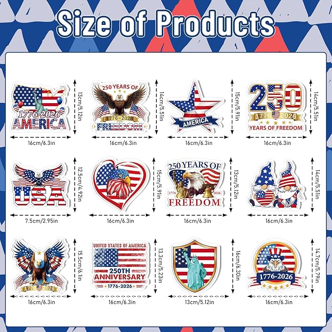250th Anniversary America Car Magnets - Wxiben 12 Pcs USA 250 Years Freedom 1776-2026 Refrigerator Magnets Patriotic Fridge Car Magnetic Decorations Stickers for Vehicles Gifts Party Locker Decor