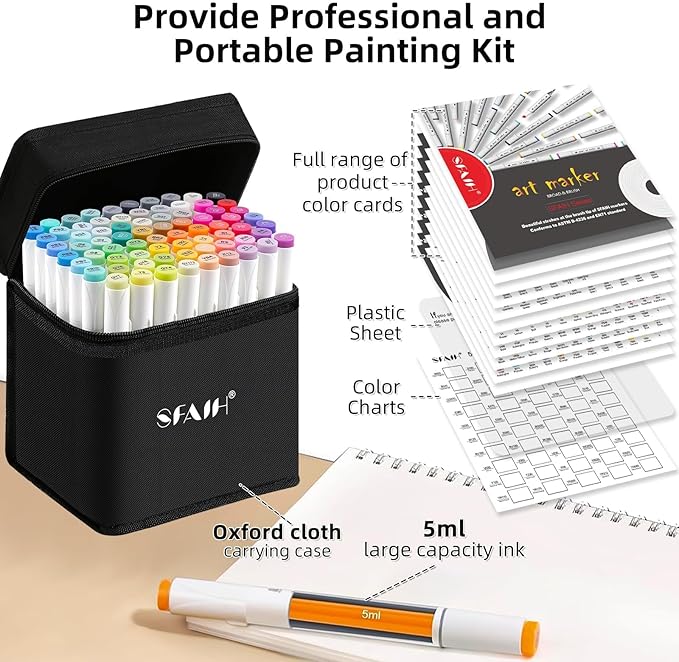 SFAIH Alcohol Markers Fine Tip & Chisel Tip - 72 Colors Double Tipped Art Markers for Adult Coloring Books Illustration, Gifts for Artist Adult - Refillable Alcohol-based Ink
