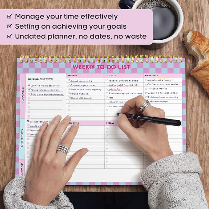 Taja Weekly To Do List Notepad with 52 Undated Sheets（8.5"×11"）- Weekly Desk Planner for Women & Man, Work and Home - 1 Pack Lavender Checkered