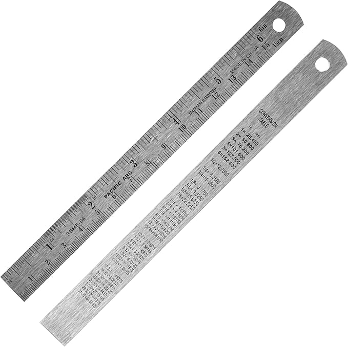 Pacific Arc 6 Inch Stainless Steel Ruler with Inch/Metric Conversion Table, 2 Pack