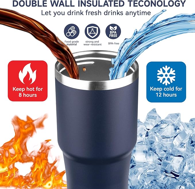 20oz Tumbler with Handle and Flip Straw Lid Double Wall Insulated Travel Coffee Mug Stainless Steel Vacuum Insulated Coffee Tumbler Cup for Hot and Cold Beverages Leak-proof&BPA-free (20oz,Navy blue)