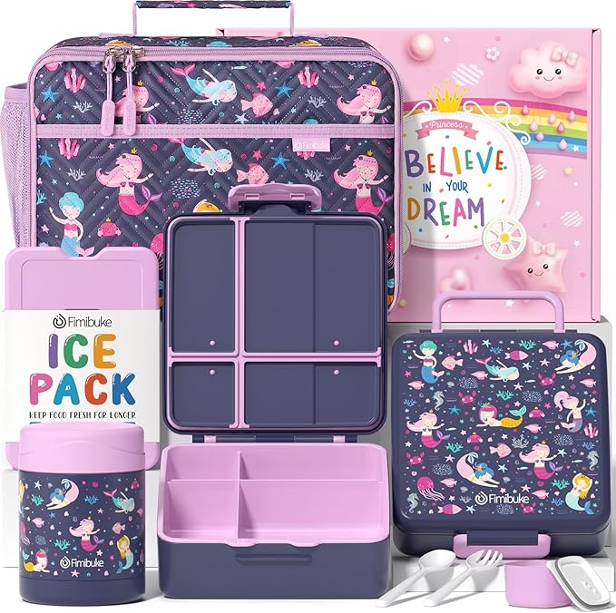 Fimibuke Kids Bento Snack Lunch Box with 4 Compartment, Insulated Lunch Bag, Stainless Steel Vacuum Thermo Food Jar, Ice Pack, Utensils Set, Birthday Gifts for Age 3-12 Back to School Toddler Girl Boy