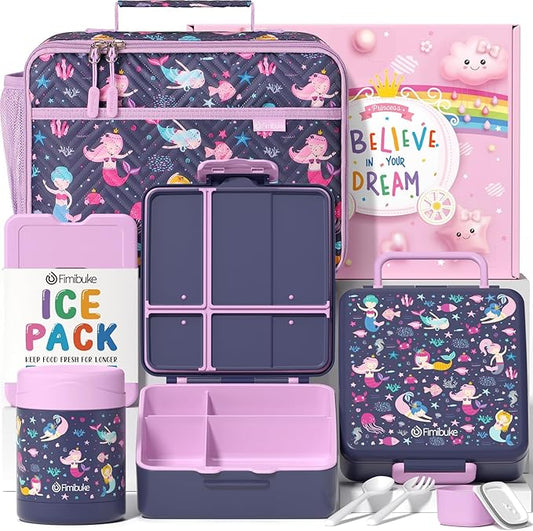 Fimibuke Kids Bento Snack Lunch Box with 4 Compartment, Insulated Lunch Bag, Stainless Steel Vacuum Thermo Food Jar, Ice Pack, Utensils Set, Birthday Gifts for Age 3-12 Back to School Toddler Girl Boy