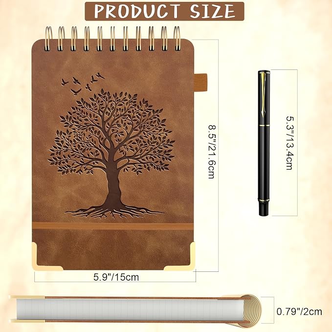 A5 Top Spiral Notebook, Tree Pattern Large Leather Hardcover Left Handed Journal, 240 Pages 100 Gsm Lined Paper Top Bound Steno Pads for Work, School, Travel Writing - Brown, 5.9" x 8.5"