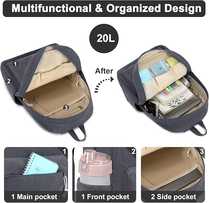 BTOOP School Backpack for Teens Large Corduroy Bookbag Lightweight 15.6 inch Laptop Bag for Girls Women Casual High School College