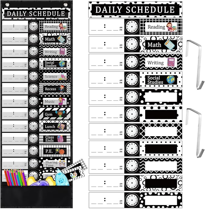 Chiisong Daily Schedule Pocket Chart, Boho 14+1 Pocket, with 40 Pcs Reusable Dry Eraser Cards Calendar for Classroom Toddler Schedule Chart Office Home Activity(Classic Style)
