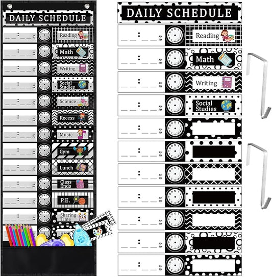 Chiisong Daily Schedule Pocket Chart, Boho 14+1 Pocket, with 40 Pcs Reusable Dry Eraser Cards Calendar for Classroom Toddler Schedule Chart Office Home Activity(Classic Style)