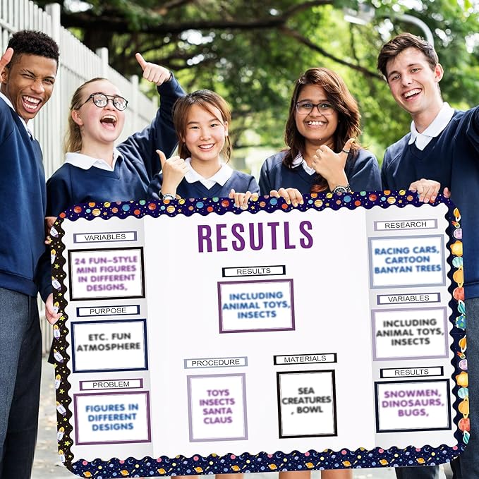 Sinload 92 Pcs Science Fair Board Supplies 60 Trim Scalloped Poster Boards 18 Presentation Subtitles 6 Project Titles 8 Letter Sticker for Classroom Display Boards (Purple,Space)