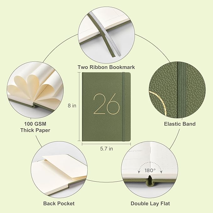 And Per Se 2026 Planner, 15 Months Hardcover Daily, Weekly & Monthly Planner, A5 size, 100GSM Thick Paper, Back Pocket, 5.7" x 8"(Olive Green)