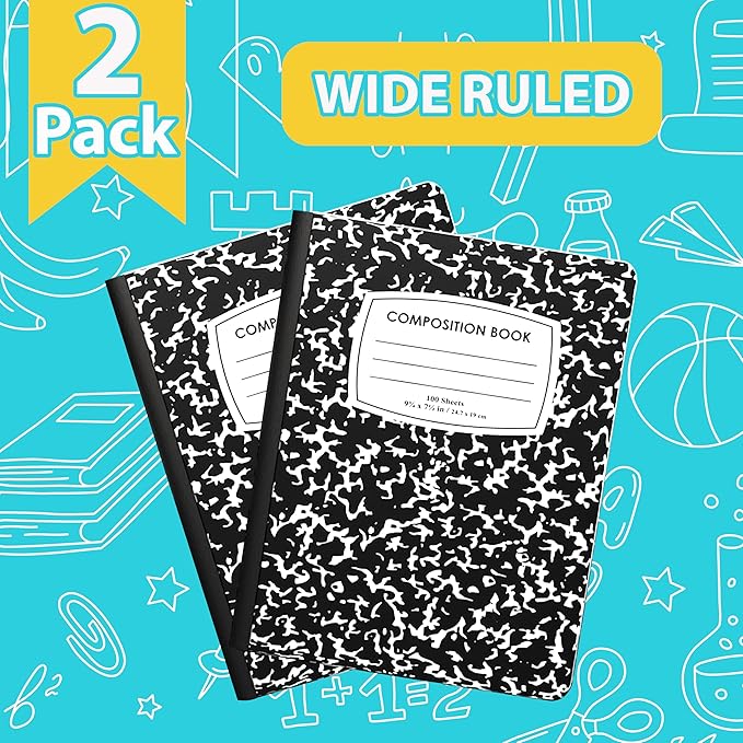 ENVO Composition Notebooks, Wide Ruled Composition Notebook, Black Marble Covers Composition Notebook, 100 sheets, Bulk (2, Wide Ruled)