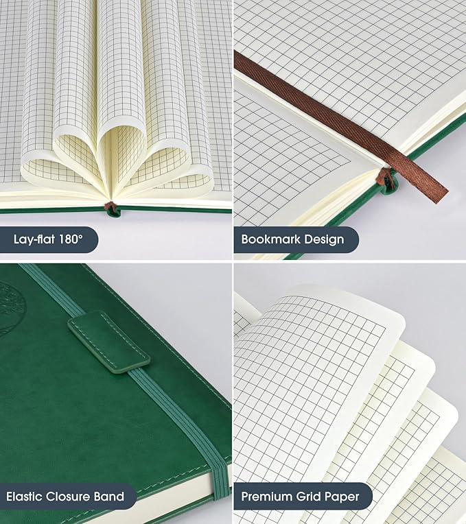 Biuwory Graph Paper Notebook Journal for Women Men,140 Pages Hardcover Grid Notebooks for Work & School,Leather Journals for Writing, Graphing Paper Notebook 5.7"×8.3" (Green)