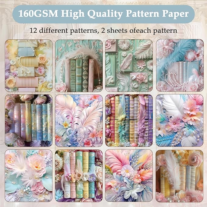 Scrapbook Paper,24 Sheets 6"x 6" Vintage Scrapbook Supplies,Single-Sided Pattern Decorative Cardstock Paper for Junk Journal,Card Making,DIY Album, Art Journaling,Decoupage Craft,Pearl Books