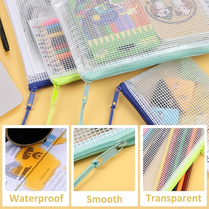 24pcs Mesh Zipper Pouch Bags A4 Zipper Bags for Classroom Organization, Waterproof Document Zipper Pouches for Cosmetics, Travel Storage File Bags for Office Supplie (Multicolored-8sizes 24PCS)