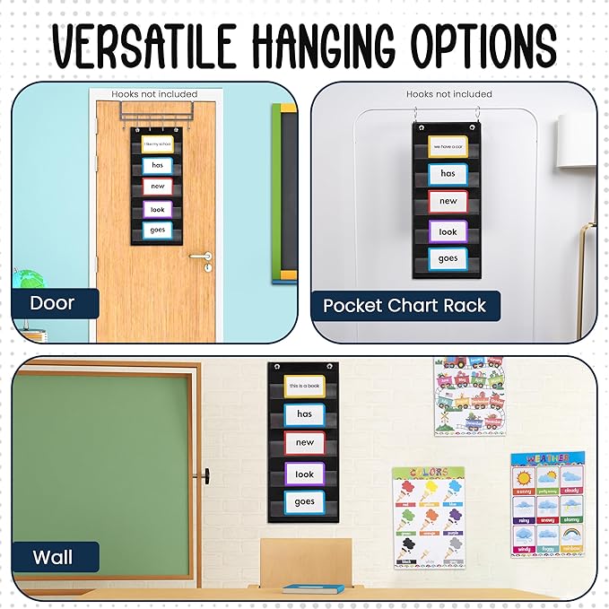 Essex Wares - 9" Wide x 22" Tall Pocket Chart, Black - Sturdy Pocket Chart for Classroom for Sentence Strips - Easy to Use & Hang, Reusable Black Pocket Chart