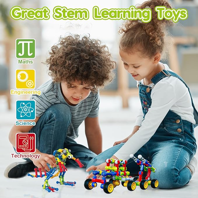 Kids STEM Building Blocks Toys for 4 5 6 7 8+ Year Old Boy Girl Birthday Gift, 186 Pcs Preschool Kindergarten Classroom Must Haves Supplies Educational Stem Bins Age 3-5 4-8 5-7 6-8 8-12 Creative Game