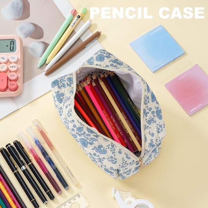 Makeup Bag Travel Toiletry Bag for Women, Small Cosmetic Bags Cute Quilted Cotton Makeup Pouch for Purse Emergency Bag Pencil Case Accessory Bag, Blue