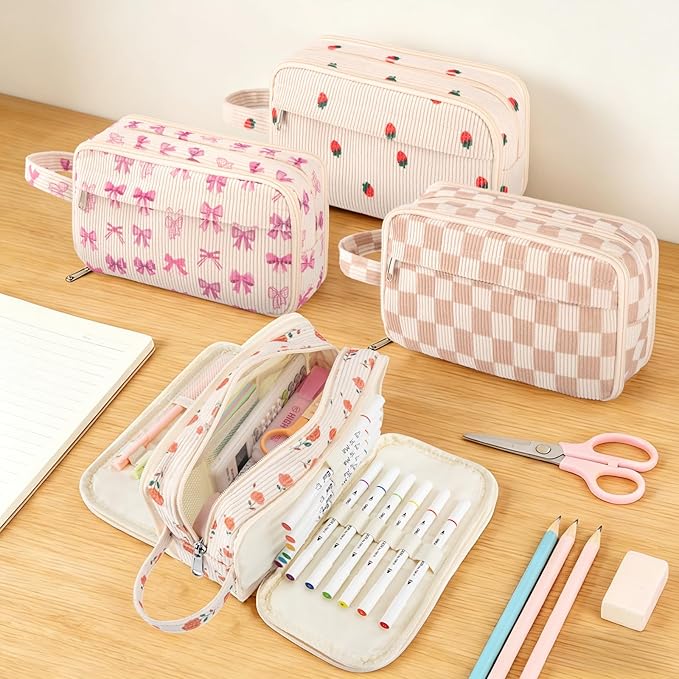 Cute Corduroy Pencil Case with Handle, Extra Large 4 Compartment Multiple Pockets Aesthetic Pencil Pouch Organizer for Teen Girls, School & College Supplies (Cherry)