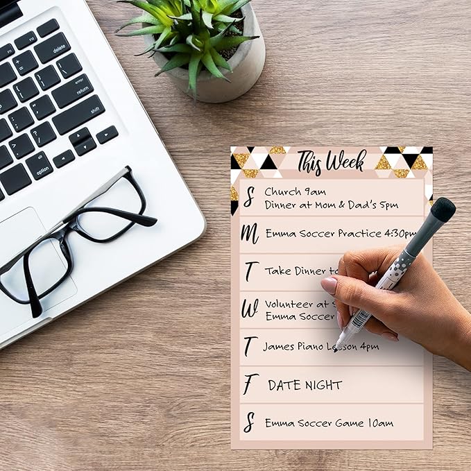 Dry Erase Weekly Calendar Planner Sticker Decal | Removable & Reusable | Magnetic Fine-Tip Marker Included (6 x 9 inches, Rose & Gold)