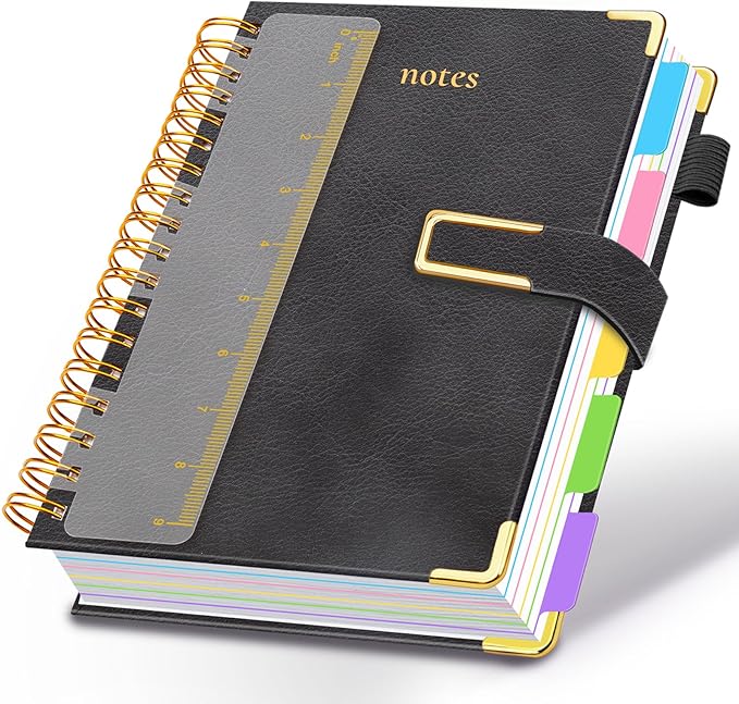 Hardcover Spiral Notebook College Ruled, 8"x10" Leather Journal Notebook with Magnetic Closure, 300 Pages 5 Subject Notebook with Dividers Tabs Journal for Women Men, Work, School(Black)
