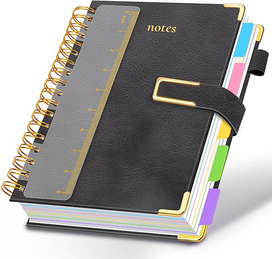 Hardcover Spiral Notebook College Ruled, 8"x10" Leather Journal Notebook with Magnetic Closure, 300 Pages 5 Subject Notebook with Dividers Tabs Journal for Women Men, Work, School(Black)