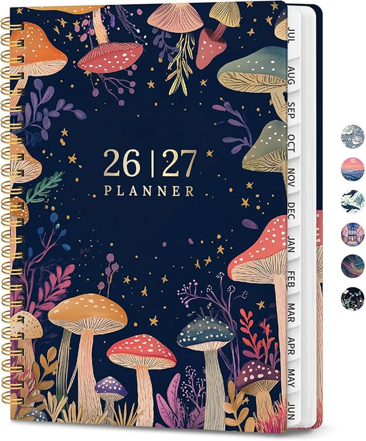 Planner 2026-2027, Hardcover Monthly and Weekly Academic Planner July 2026 - June 2027, Teacher and Student Calendar Agenda Book with Tabs, A4 (8.5" x 11"), Ideal for School and Office, Mushroom Party