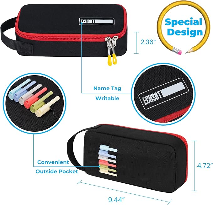 ECHSRT Large Capacity Pencil Case with Hidden Pocket, 1200D Oxford Fabric Zipper Pencil Pouch with Handle, Multi-Pocket Stationery Organizer for Office, College, Travel and Daily Carry, Black