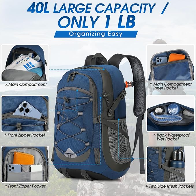 IGOLUMON Hiking Backpack 40L Packable Lightweight Camping Daypack Men Women | Multi-compartment storage Water-resistant Foldable Nylon Material Hiking Day pack for Camping Cycling Outdoor