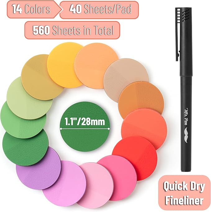 Mr. Pen- Round Transparent Sticky Notes, 1.1” Diameter, 14 Pads, 560 Sheets, Colorful, Water-Resistant See-Through Sticky Notes & Fineliner, Smooth Writing, Note Tabs for Bible Journaling, Studying