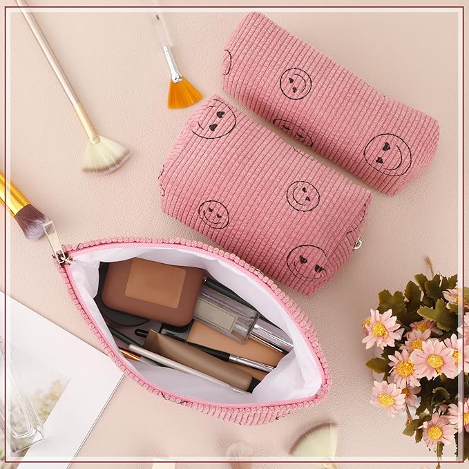 Huhumy 3 Pcs Makeup Bag Set for Women Corduroy Cosmetic Pouch Aesthetic Smile Travel Toiletry Bag Cute Purse Pouch Pencil Case Makeup Brushes Storage Organizer with Zipper(Pink,Smile Face)