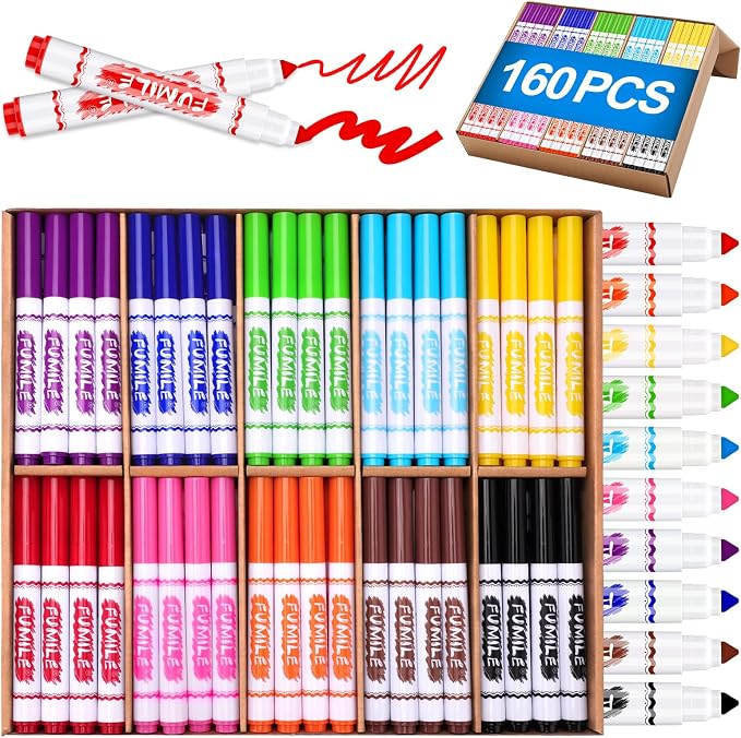 FUMILE Washable Markers Bulk,160 Count 10 Assorted Colors Markers for Kids,Broad Line Conical Tip Coloring Marker Bulk For Student, Back to School Supplies, Teacher Classroom Must Haves & Essentials