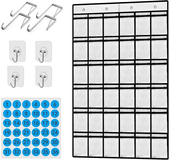 Kotkn 36 Pocket Charts for Classroom Cell Phones, 36 Clear Pocket Charts with Numbered Stickers, Classroom Hanging Cell Phone Organizer, Hangs on Wall, Door Storage Hooks (White)