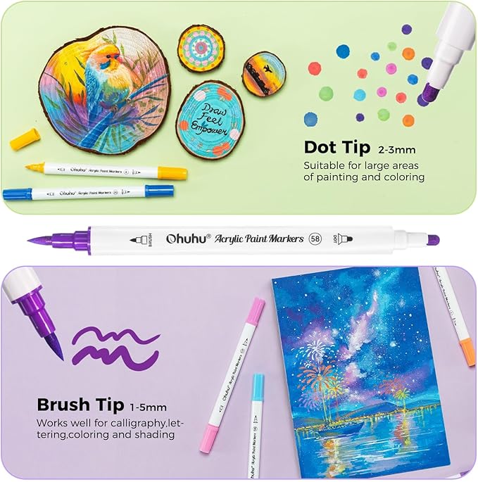 Ohuhu Acrylic Paint Markers Dual Tips: 72 Colors Brush & Dot Paint Pens High Opacity Acrylic Markers Waterproof Lightfast for Rock Painting 3D Prints Egg Wood Glass Ceramic DIY Crafts - Akaka