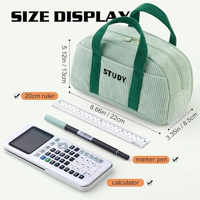 EASTHILL Corduroy Hand-held Pencil Case Large Cute Pencil Pouch Stationery Pen Bag for Teen Girls-Green