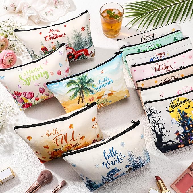 Reginary 12 Pcs Seasonal Makeup Bags, Summer & Festival Themed Cosmetic Bags with Zippers, Gnome Floral Pouch Bulk, Appreciation Gifts for Women, Teacher, Travel Holiday Party Supplies