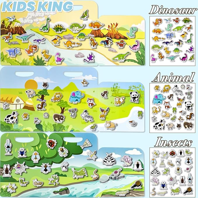 Reusable Sticker Books for Toddlers 1-3, Puffy Stickers Book for Kids Ages 2-4, Toddler Travel Essential Activities Toys for Boy Girl Birthday Christmas - Dinosaur, Animal and Insect (3 Set)