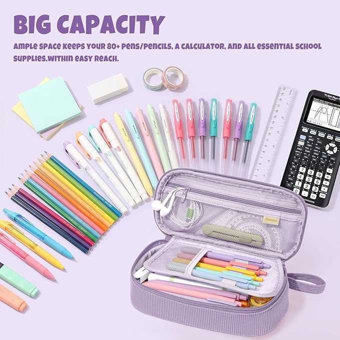 SUNEE Cute Pencil Case, Large Capacity Pencil Pouch, Soft Corduroy Pencil Bag, Big Storage Pen Organizer for Stationery, Aesthetic Zipper Pencil Box, Back to School Supplies for Teen Girls Boy, Purple