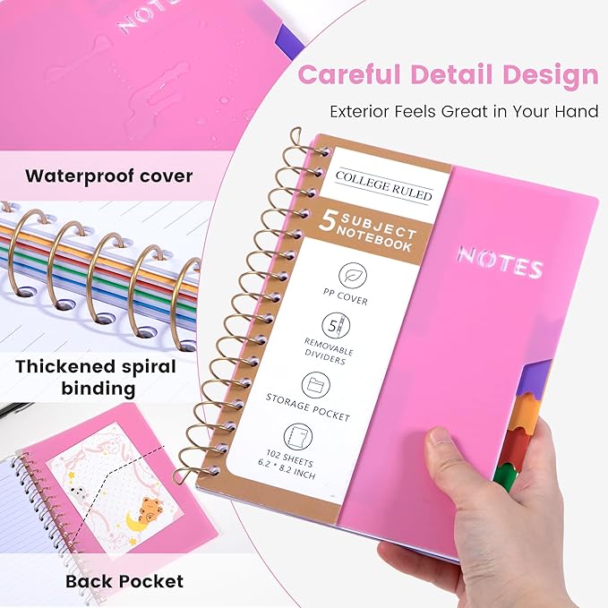 CAGIE Small Spiral Notebooks with Removable Dividers Tabs, 5 Subject Notebook College Ruled, A5 Notebooks for School Work with Plastic Cover, Back Pocket, Spiral Bound, Pink