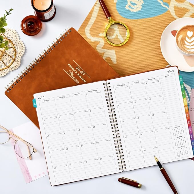 Planner 2026-2027 - July 2026 - June 2027, 2026-2027 Academic Weekly Monthly Planner, 8" x 10", Leather Brown Cover, Spiral Bound, Tabs