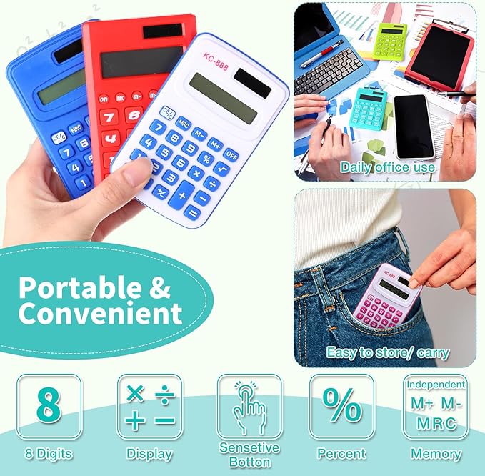 Yunsailing 96 Pcs Pocket Calculators Bulk Mini 8 Digit Handheld Calculator Small Basic Standard Calculator for Students Kids Teachers School Desktop Home Office, 3 Designs (Classic)